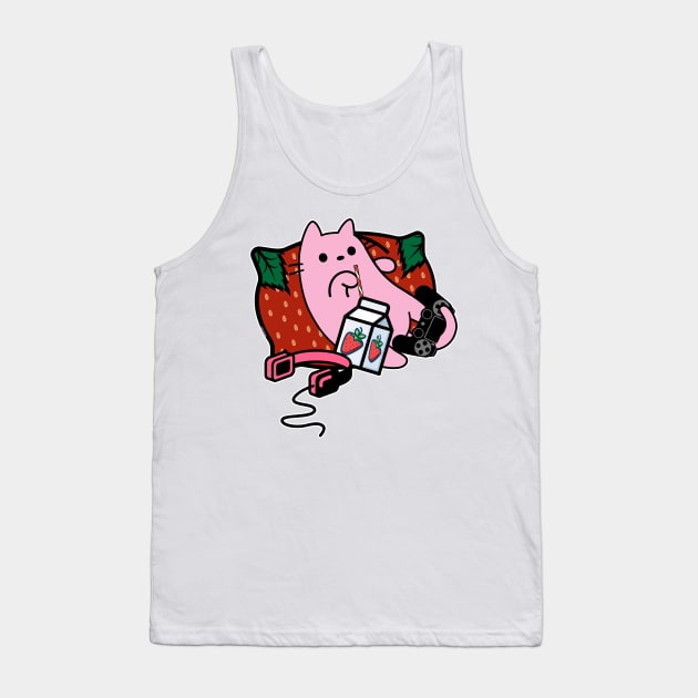 Strawberry milk pink cat gamer relaxing Tank Top by GlanceCat